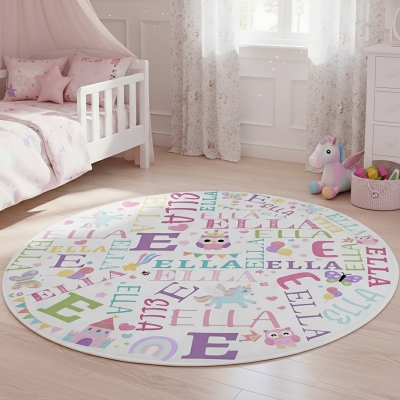 Custom Name & Initial Cartoon Design Word Cloud Round Fleece Floor Mat, Non-slip Washable Rug for Nursery/Kids' Bedroom, Gift for Kids/Boys/Girls