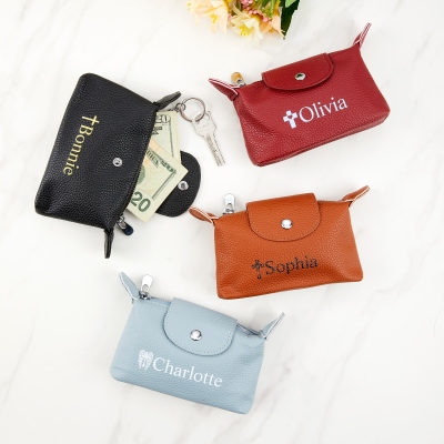 Personalized Portable Cross Wallet with Name, Keyring PU Leather Coin Purse with Zipper & Button, Birthday/Christmas Gift for Christian Women