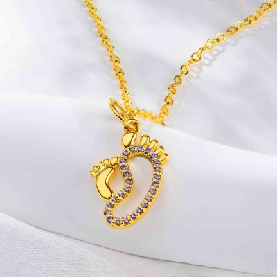 Personalized Baby and Mom Footprints Necklace with Birthstone, Dainty New Baby Jewelry, Baby Shower/Mother's Day/Birthday Gift for New Mom
