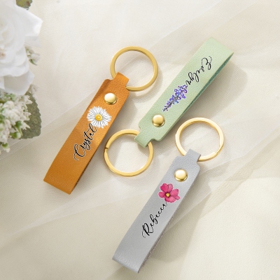 Personalized Watercolor Birth Flower Keychain with Name, PU Leather Keyring, Bridal Shower Favor, Birthday/Wedding Gift for Her/Bridesmaids/Women