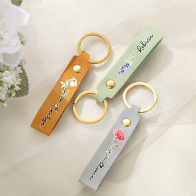 Personalized Watercolor Birth Flower Keychain with Name, PU Leather Keyring, Bridal Party Favor, Birthday/Wedding Gift for Her/Best Friends/Women