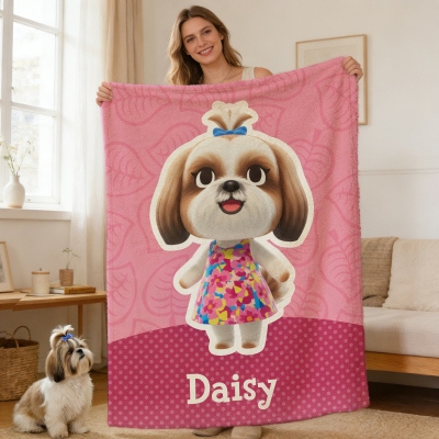 Personalized Name & Photo Cute Chibi Style Pet Villager Blanket, Flannel/Sherpa Cartoon Dog Cat Horse Bed Couch Throw, Gift for Pet Lovers/Gamers