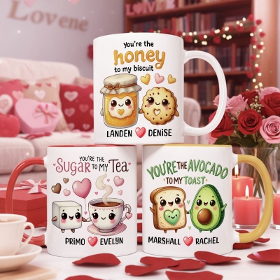 Custom Names Perfect Match Foodie Couple Mug, 11oz/15oz Two Tone Ceramic Coffee Mug with Coaster, Valentine's Day/Anniversary Gift for Her/Him/Couples