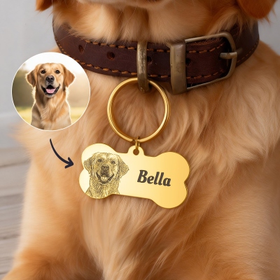 Personlig graverad namn- och fotohundbricka, benformad hund-ID-bricka med hundporträtt och namn, hundhalsbandsberlock, present till hundmamma/ägare/djurälskare