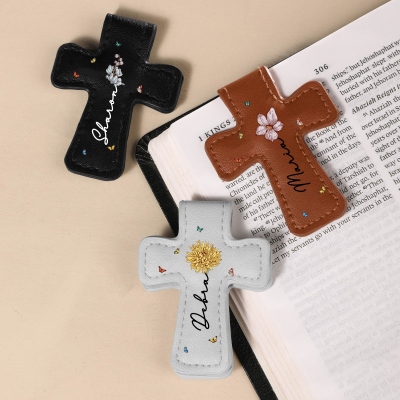 Custom Name Birth Flower Cross Shaped Leather Bookmark, Magnetic Christian Bookmark Clip, Birthday/Baptism/Confirmation Gift for Book Lovers/Readers