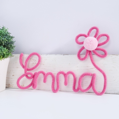 Personalized Wire Knitted Name Sign with Pom-Pom Flower, Bedroom/Nursery Decor, Birthday Gift for Kids/Girls/Daughters