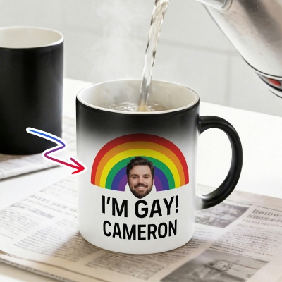 Personalisierter, lustiger „Ich bin schwul“-Regenbogenbecher mit wärmeaktivierter Aufschrift (Name &amp; Foto), 350 ml Keramik-Kaffeebecher, Pride-Becher, Geburtstags-/Gag-Geschenk für ihn/Paare/Freunde