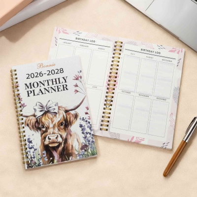 Personalized Name Highland Cow 2026-2028 Monthly Planner Notebook, A5 Spiral Progress Journal, Birthday Gift for Highland Cow Lovers/Colleagues/Her
