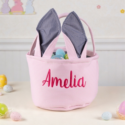 Osterkorb mit individueller Namensstickerei und Hasenohren, Ostereiersuche-Korb, Oster-Geschenktüte aus Seersuckerstoff, Ostergeschenk für Kinder/Jungen/Mädchen
