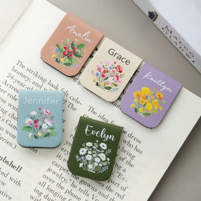 Personalized Name Birth Flower Bookmark, Magnetic Leather Bookmark Clip, Birthday/Anniversary/Graduation Gift for Book Lovers/Readers/Women