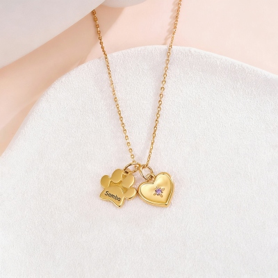 Personalized Name Paw & Heart Pendant Necklace with Birthstone, Sterling Silver 925 Dainty Jewelry, Pet Memorial Gift for Pet Lovers/Owners