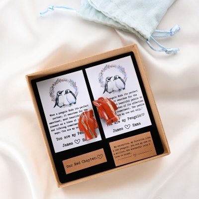 Custom Names Red Penguin Pebbles Small Gift Box with Velvet Bags, Couple's Keepsake, Anniversary/Valentine's Day/Wedding Gift for Couple/Newlyweds
