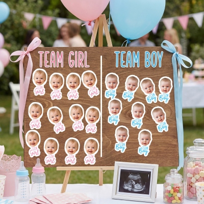 Personalisierte Baby-Gender-Reveal-Aufkleber mit Namen, Team-Junge/Mädchen-Porträtaufkleber, Dekoration für Abstimmungsspiele, Gastgeschenke, Babyparty-Geschenke für werdende Eltern