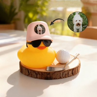 Personlig fotokeps golfanka, söt gummianka skrivbordsdekoration med golfboll, klubba och träbas, födelsedags-/fars dagspresent till honom/pappa/golfare/spelare