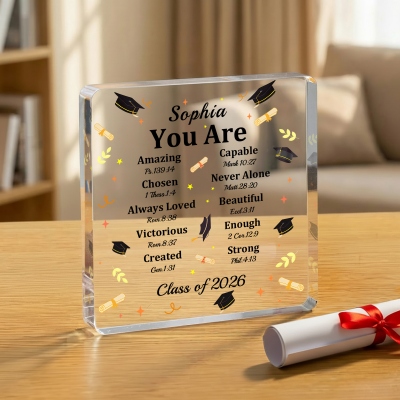 Custom Name Graduation Cap Bible Verses Square Acrylic Plaque, High School/College Class of 2026 Graduation Keepsake, Home Decor, Gift for Graduates