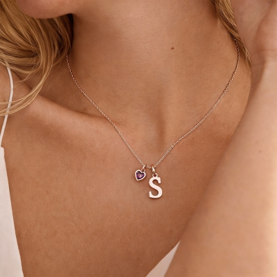 Custom Dainty Initial Necklace with Heart Birthstone, Sterling Silver 925 Letter Necklace, Birthstone Jewellery, Birthday/Anniversary Gift for Her