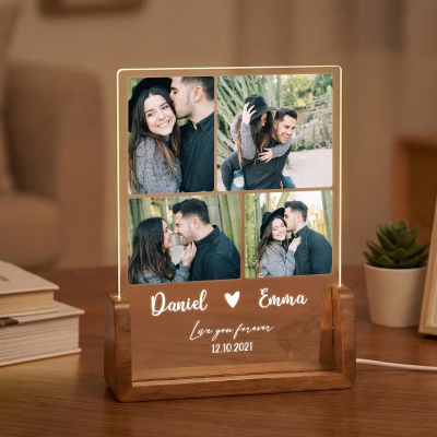 Personalized Name Photo Collage Night Light, Acrylic LED Lamp with Wooden Base, Valentine’s Day/Anniversary/Wedding Gift for Couples