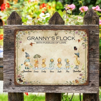 Anpassad akvarell trädgårdsskylt med 1–8 namn, plåtad vintage-plakett med mormors flora och flockmotiv, födelsedags-/morsdagspresent till mamma/mormor