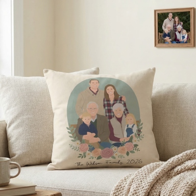 Personalized Name Watercolor Artistic Portrait Throw Pillow Cover, Pillowcase with Optional Insert, Mother's Day/Birthday Gift for Mom/Couple/Family