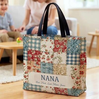 Personalized Names Grandmother Vintage Floral Quilting Patchwork Tote Bag, Large Capacity Handbag, Birthday/Mother’s Day Gift for Grandma