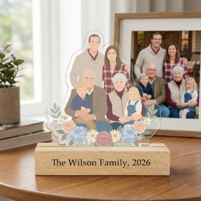Personalized Name Watercolor Artistic Portrait Acrylic Plaque with Wooden Base, Family Photo Sign, Mother's Day/Birthday Gift for Mom/Couple/Family