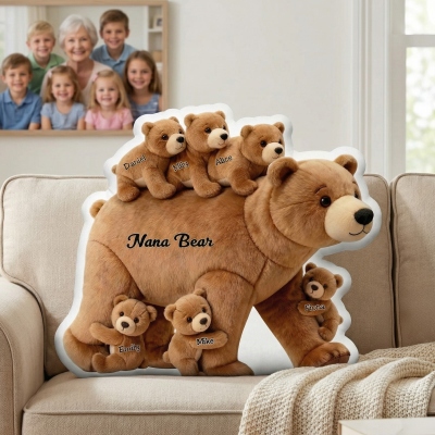 Personalized Mama Bear & Cubs Shaped Throw Pillow with Names, Bear Family Outline Cushion, Birthday/Mother’s Day Gift for Wife/Mom/Grandmother