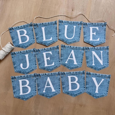 Personalized Western Theme Denim Pocket Baby Shower Letter Banner, Rustic Blue Jean Cardstock, Party Photo Prop, Nursery Decor, Gift for Newborns/Kids