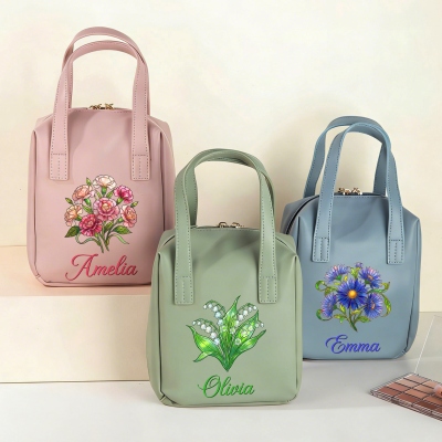 Custom Name Birth Flower PU Leather Travel Makeup Bag with Handles, Women's Toiletry Bag, Birthday/Mother’s Day/Wedding Gift for Her/Mom/Bridesmaids