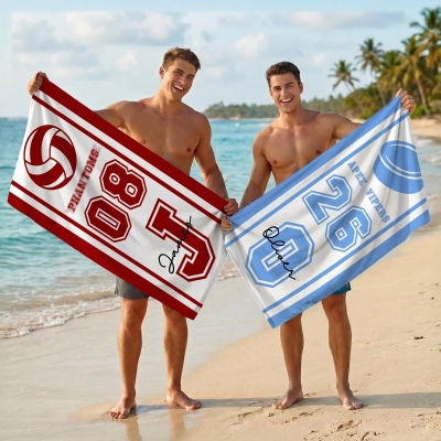 Custom Sports Ball Beach Towel with Name & Number, Multicolor Quick Dry Bath Towel, Vacation/Pool Party Favor, Gift for Sport Lovers/Players/Teammates