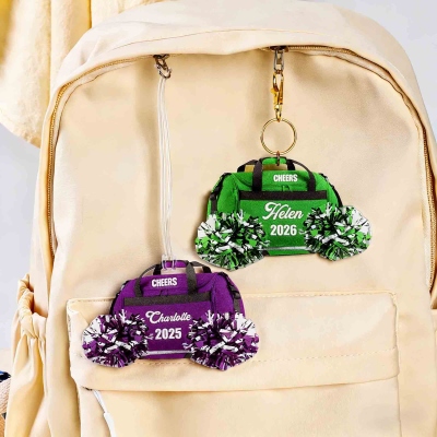 Personalized Name Cheer Backpack Pom-Pom Keychain with Year, Multicolor Cheerleading Bag Charm, End of Season/Birthday Gift for Cheerleaders/Teammates