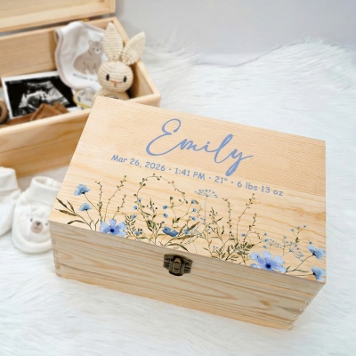 Personalized Name Wildflower Baby Birth Keepsake Box with Text, Wooden Storage Box, Birthday/Baptism/Baby Shower Gift for Newborns/New Parents