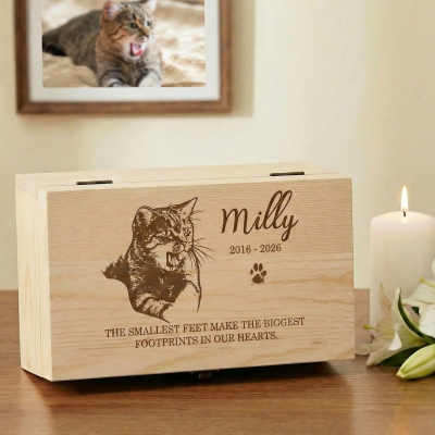 Personalized Name Pet Portrait Engraved Memory Box with Year & Text, Wooden Storage Keepsake Box, Pet Loss/Sympathy/Memorial Gift for Pet Owners