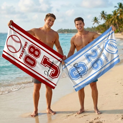 Custom Sports Ball Beach Towel with Name & Number, Multicolor Quick Dry Bath Towel, Vacation/Pool Party Favor, Gift for Sport Lovers/Players/Teammates