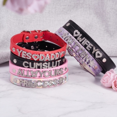 Custom Name Diamond Letters Human Collar, Leather Cosplay Adjustable Choker, Women's Collar Necklace, Anniversary/Valentine's Day Gift for Her/Couple