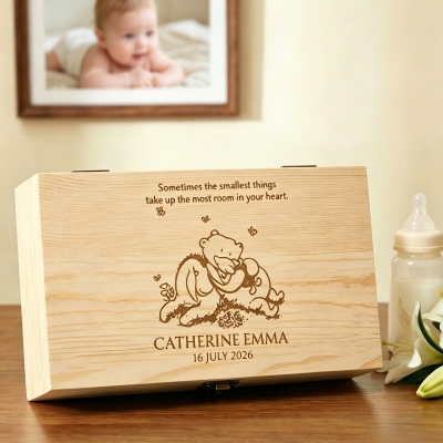 Personalized Classic Winnie the Pooh Memory Box with Title & Text, Wooden Storage Keepsake Box, Baby Shower/Memorial Gift for New Parents/Family