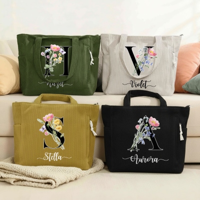 Bolso de mano de pana con alfabeto floral personalizado y nombre, bolso con cremallera y bolsillos, regalo de cumpleaños/Día de la Madre/Boda para ella/mamá/damas de honor
