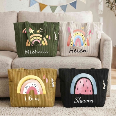 Personalized Watercolor Rainbow Corduroy Tote Bag with Name, Zippered Handbag with Pockets, Birthday/Appreciation Gift for Her/Mom/Women/Teachers