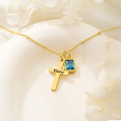 Personalized Name Cross Necklace with Birthstone, Sterling Silver 925 Dainty Christian Jewelry, Baptism/Birthday Gift for Her/Women