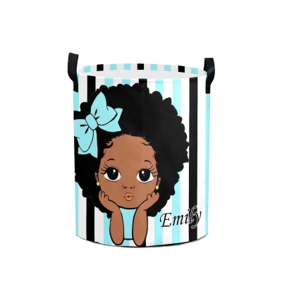 Custom Cute Black Girl Laundry Storage Basket with Name, Large Capacity Collapsible Clothes Hamper with Handles for Bathroom/Nursery, Gift for Girls