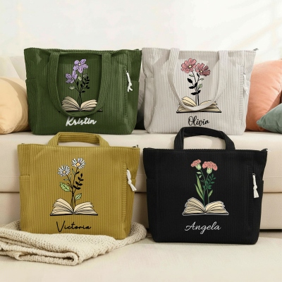 Custom Name Birth Flower Book Corduroy Tote Bag, Large Capacity Zippered Handbag with Side Pockets, Birthday/Graduation Gift for Book Lovers/Women