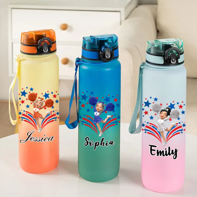 Personalized Cartoon Cheerleading Girl 32 oz Gradient Water Bottle with Name and Time Marker, Game Day/Sports/Anniversary Gift for Cheerleader