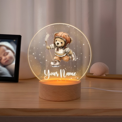 Personalized Sports Teddy Bear LED Night Light with Name, Acrylic Night Lamp with Wooden Base, Room Decor, Baby Shower/Birthday Gift for Boys/Kids