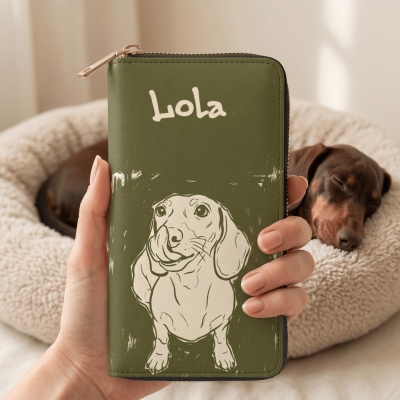 Personalized Name Doodle Pet Portrait PU Leather Wallet, Women's Zip Around Clutch Purse, Birthday/Anniversary/Memorial Gift for Pet Owners/Lovers