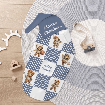 Custom Name Sports Teddy Bears Checkered Receiving Blanket with Beanie, Swaddle & Hat Set for Baby Girl/Boy, Birthday/Baby Shower Gift for Newborns