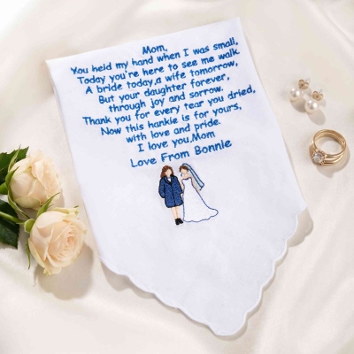 Personalized Embroidered Heartfelt Message Cotton Wedding Handkerchief with Name, Something Blue Keepsake, Wedding Gift for Father/Mother/Grandma