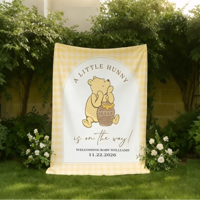 Personlig klassisk björntemafestskylt med namn och datum, söt vägghängande banderoll, könsavslöjande festdekor, babyshower/födelsedagspresent för barn