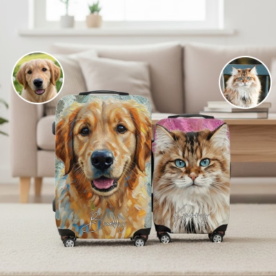 Personalized Name & Photo Oil Painting Pet Portrait Luggage Cover, Suitcase Protector Wrap, Travel Accessory, Birthday/Memorial Gift for Pet Parents