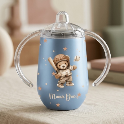 Custom Sports Teddy Bear Insulated Sippy Cup with Name, 10oz Dual Cup with Handles & Lid, Birthday/Baby Shower Gift for Infants/Toddlers/New Parents