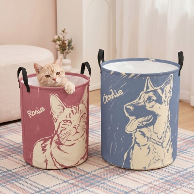 Personalized Name Pet Portrait Doodle Sketch Storage Basket with Handles, Large Capacity Waterproof Toy Laundry Basket, Birthday Gift for Pet Parents