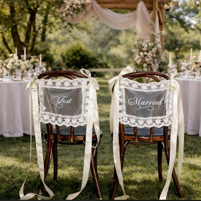 Personalized Text Lace Chair Signs with Ribbons, Bohemian Chair Covers, Sheer Lace Signs, Outdoor Wedding Chair Decor, Wedding Gift for Bride/Groom